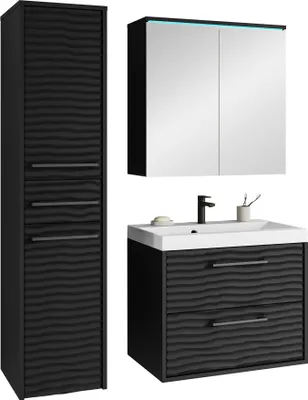 Produktbild von MIRJAN24 Badmöbel Canavas I, Badmöbel-Set mit Hängeschrank, Spiegelschrank, Schrank mit Waschbecken, 4er-Set (Farbe: Schwarzer Graphit / Schwarze Welle, mit blauer LED Beleuchtung)