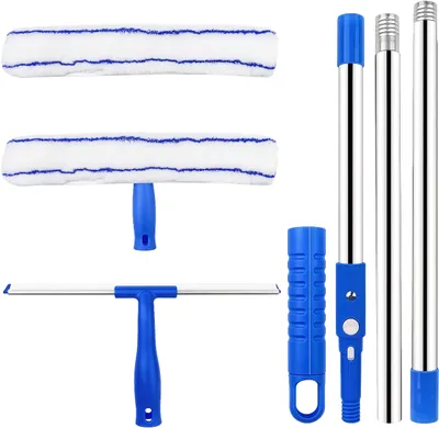 Produktbild von Fensterwischer mit Teleskopstiel - 120 cm Fensterabzieher Set mit Silikon Fensterwischer Mikrofaserbürste, Blau