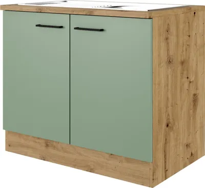 Obrázok produktu pre Kuchynská skrinka s drezom a pracovnou doskou Flex Well Cara ŠxHxV 100 x 60 x 85 cm farba čela zelená matná farba korpusu dub svetlý
