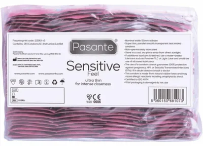 Produktbild von Pasante Regular 144, Männliches Kondom, weich, Pink, Transparent, Latex, 54 mm, 190 mm