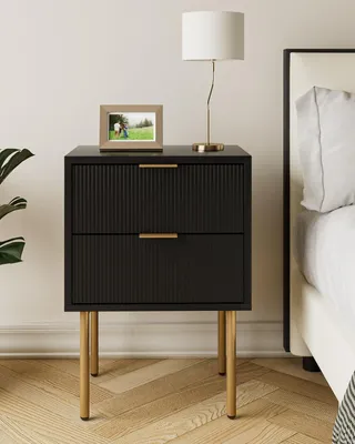Image de Petites tables de chevet à 2 tiroirs - Table de chevet en bois avec pieds dorés - Table de lit moderne - milieu du siècle - Table de chevet noire de chambre-salon de 60 cm de haut