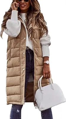 Produktbild von ASKSA Damen Daunenweste Lang Winterjacke Daunenjacke Warm Weste Jacke mit Kapuze Steppjacke, Khaki, XL