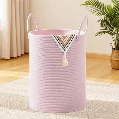 Produktbild von Wäschekorb rund 58L geflochten Baumwollhenkel Rosa für Kinderzimmer Wohnzimmer Waschraum
