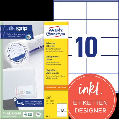 Image de Avery Zweckform 3425 Étiquettes universelles, 105 x 57 mm, Convient pour Deutsche Post INTERNETMARKE, 100 feuilles/1 000 étiquettes, blanc