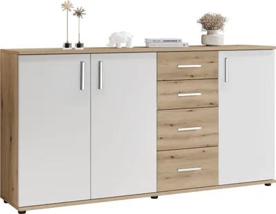 Produktbild von Sideboard >BC 1040< 3 Türen, 4 Schubladen, eiche rustica Nachbildung/ weiß - 160x84x35cm (BxHxT)