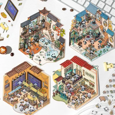 Produktbild von 4-teiliges DIY-Szenenaufkleber-Set, 3D-Miniaturhaus-Aufkleber, wiederverwendbar, einfach zu verwenden, DIY-Projekte, Buchhandlungs-Szenenaufkleber