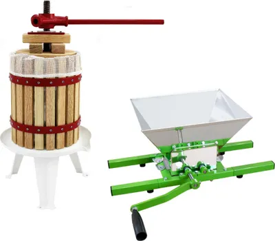 Image de Kit KuKoo comprenant une broyeuse de fruits de 7 litres et une presse à fruits de 12 litres, idéal pour la production de jus, de cidre, de moût et de vin