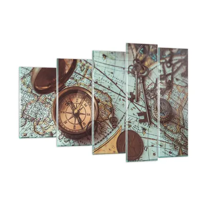 Produktbild von Bilder auf glas - 5 Teile - Kompass Vintage Karte - 150x100cm - Glasbilder - Wandbilder - Bilder - zum Aufhängen bereit - Wanddekoration aus Glas - Glas Bilder - Wandbild auf Glas - GEG150x100-4302