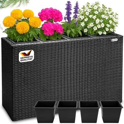 Imagen del producto de Jardinera de ratán sintético - Negro - 95 x 27 x 60 cm - 4 macetas interiores - Para terraza y jardín