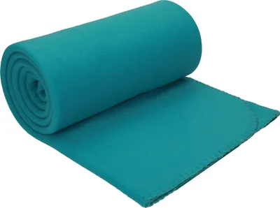 A rolled-up teal fleece blanket is shown on a white background.