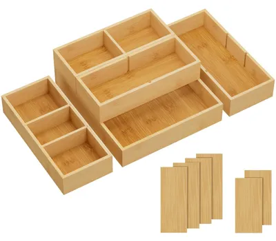 Schubladen-Organizer-Set, 5-teilig, aus Bambus, 11 Fächer, verstellbar