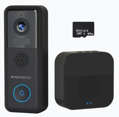 Productafbeelding van Protectly® 2K Ultra HD Video Deurbel Met Camera - Geen Abonnement - 2-in-1 Deurbel Bedraad (Vast stroom) & Deurbel Draadloos - Deurbellen Met Camera - Waterdicht - Incl. Gong (T-ring geluid) - Incl. 64GB SD