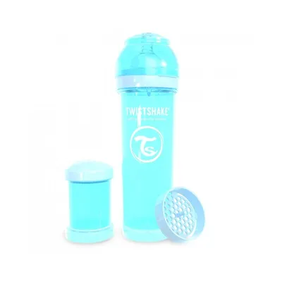 A blue Twistshake bottle and accessories are displayed against a white background.