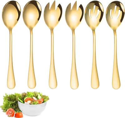 Produktbild von 6 Stück Salatbesteck Set,Salatlöffel Gabel Set,Edelstahl Salatgabel und Servierlöffel,Spülmaschinengeeignet Salatzange Set(Gold)