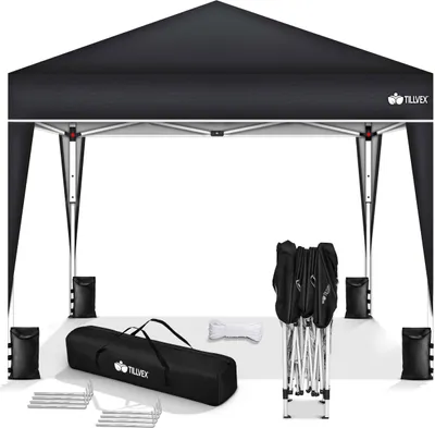 A black pop-up canopy tent and its accessories are displayed against a white background.