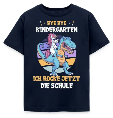 Produktbild von Spreadshirt Bye Bye Kindergarten Dino und Einhorn Kinder T-Shirt, 122/128 (7-8 Jahre), Navy