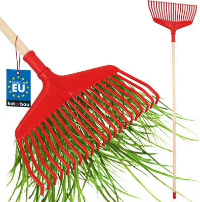 Zdjęcie produktu dla KOTARBAU® Grabie do Liści 38 CM Trawy Siana Grabie Uniwersalne Extra-Click Plastikowe Trzonek Drewniany 1,5 M