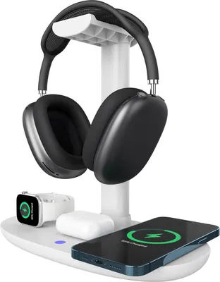 Produktbild von Kopfhörerständer mit kabellosem Ladegerät, 4-in-1-Ladestation und Headset-Halterung für Schreibtisch und Tisch, Aufbewahrung für Spielekonsolen