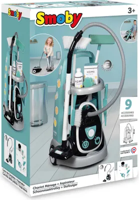Image de Smoby Chariot de nettoyage avec aspirateur - aspirateur pour enfants, pelle, balai, serpillière et emballages vides de produits de nettoyage