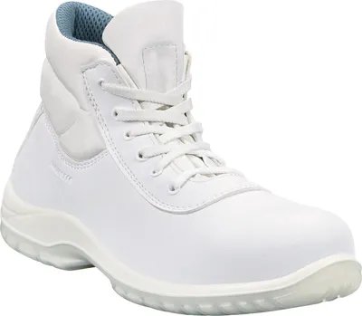 A white work boot is shown against a white background.