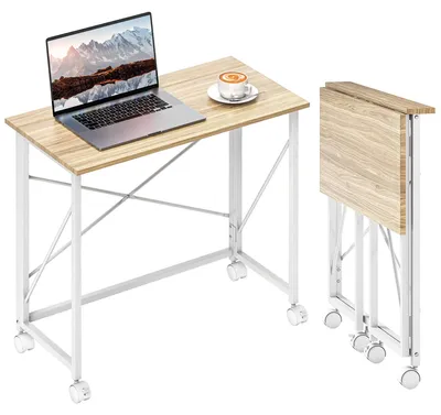 Productafbeelding van Opklapbaar bureau op wielen, ruimtebesparend, staal, MDF, naturel