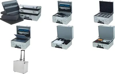A collage of different aluminum cases, some open and some closed, showcasing various configurations and contents.