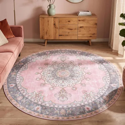 Produktbild von Volero - Teppich Vintage Rund - Lily Medaillon Rosa - Ø 140 cm - Wohnzimmer, Esszimmer, Schlafzimmer - Klassik