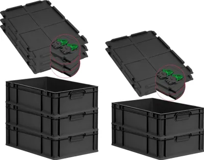 Produktbild von SuperSparSet 5x Eurobox NextGen Grip mit Scharnierdeckel und grünen Schiebeschnappverschlüssen | HxBxT 17x40x60cm | 34 Liter | Schwarz | Griffe geschlossen | Eurobehälter, Transportbox, Transportbehälter, Stapelbehälter