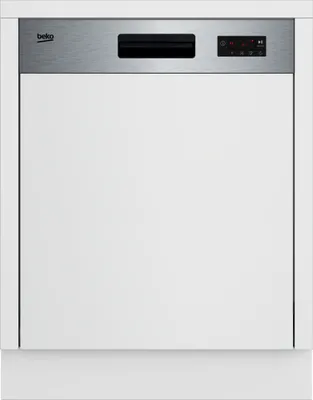 A front view of a white dishwasher with a stainless steel control panel.
