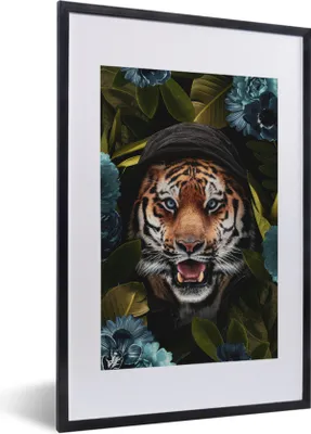Produktbild von MuchoWow® MuchoWow® Gerahmtes Poster Tiger - Blumen - Pflanzen 40x60 cm - Poster mit zchwarzem Bilderrahmen - Poster in Rahmen