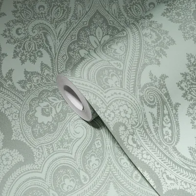 A roll of wallpaper with a paisley pattern.