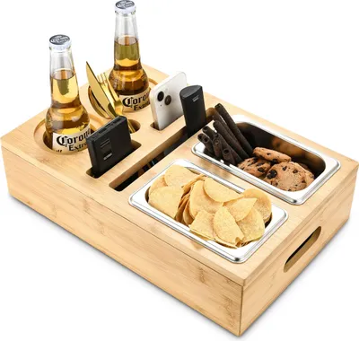 Produktbild von Bambus Couchbar, abnehmbarer Deckel, Snackbox, Sofatablett, Organizer für Sofa, Couch, Handy, Getränke & Camping