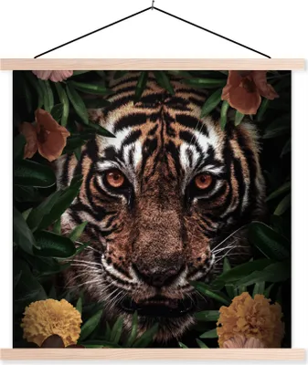 Produktbild von MuchoWow® Textilposter Tiger - Dschungel - Blumen 120x120 cm mit holzfarbenen Rahmen - Textil-Poster