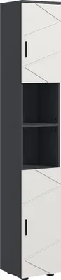 A tall, narrow cabinet with two doors and open shelves in between, presented against a white background.