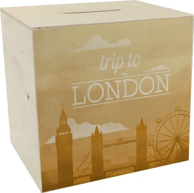 Produktbild von Spardose aus Holz mit schönem Motiv und Text - Trip to London in gelb