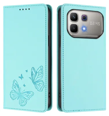 Image de Étui en cuir pour Infinix Note 60 5G, étui de protection type portefeuille en cuir gaufré « papillon » avec support, couleur turquoise