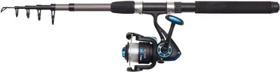 A fishing rod and reel are displayed against a white background.