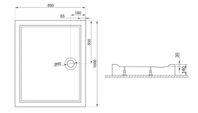 Zdjęcie produktu dla Brodzik Kompaktowy Prysznicowy Prostokątny 100x80x14 Akrylowy, Gładki | w zestawie - Syfon, odpływ ⌀90 mm + nogi (stelaż) | BADLAND GOLIAT