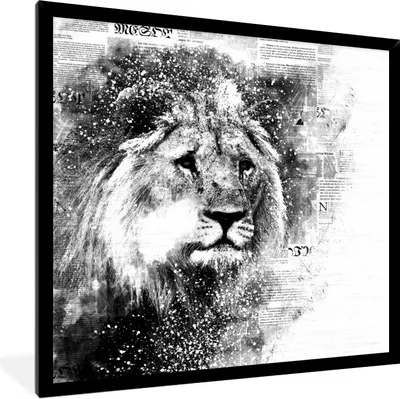 Produktbild von MuchoWow® Gerahmtes Poster Löwe - Zeitung - Schwarz - Weiß 40x40 cm - Poster mit Schwarzem Bilderrahmen Wandposter Rahmen Foto Bilder - Mit Rahmen - Wanddekoration Schlafzimmer