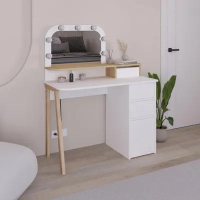 Immagine prodotto di Toeletta da trucco Avien bianco e rovere con specchio e luci LED 105x51.5x131H