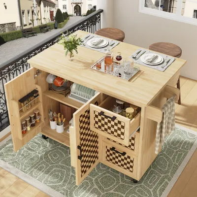 Produktbild von Flieks Servierwagen mit klappbarer Tischplatte, Speisewagen Kücheninsel mit 3 Schubladen und Schranktüren, 120x45-75x92 cm, Naturbelassen