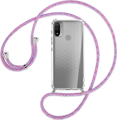 Produktbild von Handykette Backcover-Schutzhülle mit Band (Metall silberfarben) für Motorola Moto E20 (XT2155) - lila/rosa/blau
