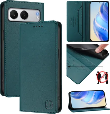 Produktbild von Lederhülle für OnePlus Nord 4 Hülle Flip Brieftasche Kartenfächern Ständer Schutzhülle Dunkelgrün