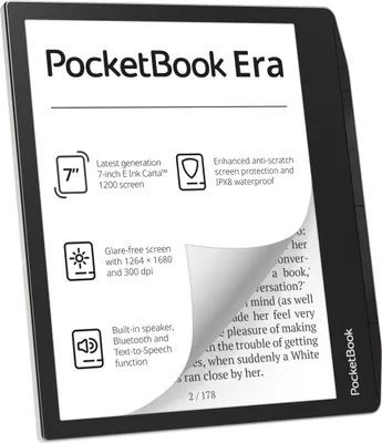 A PocketBook Era e-reader is shown with its features listed around it. The screen displays text from a book.