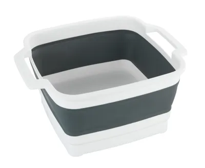 A collapsible basin with white handles and a gray middle section, shown from a slightly elevated angle against a white background.
