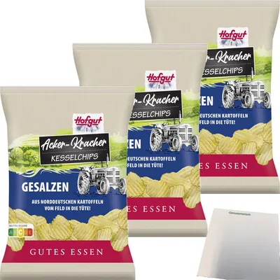 Produktbild von Hofgut Chips Acker-Kracher gesalzen 3er Pack (3x120g Beutel) + usy Block