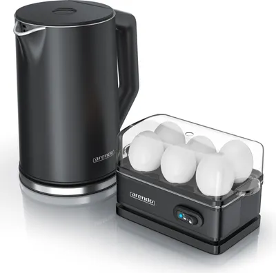 Produktbild von Arendo Frühstücks-Set Edelstahl Wasserkocher 1,5l, 6er Eierkocher, Schwarz