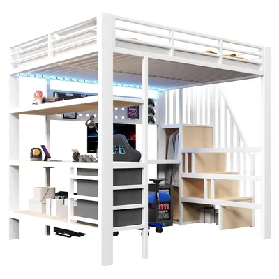 Produktbild von Hochbett mit RGB LED-Streifen, Regal, Schreibtisch, Schubladen und Wandgitter, 140x200 cm, Treppe mit offenem Kleiderschrank, Kinderbett, Metallbett