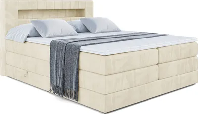 Produktbild von ALTDECOR Boxspringbett mit H3 Matratze-Bonellfederung, H4 Multipocket-Matratze (18 cm hoch) PUR, Topper (4 cm hoch), Polsterbett mit Kopfteil und Bettkasten - ORGOL2 KING - 160x200 - Beige Samt