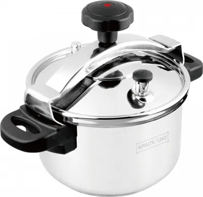 A stainless steel pressure cooker on a white background.